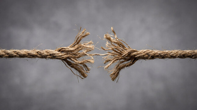 A fraying rope on the verge of snapping symbolizing tension, fragility and breaking points on neutral background.