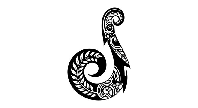 Black and white Maori koru design with fern frond.