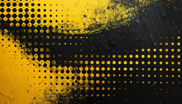 Abstract black and yellow gradient with halftone dots and distressed grunge texture, hand-painted - Powered by Adobe