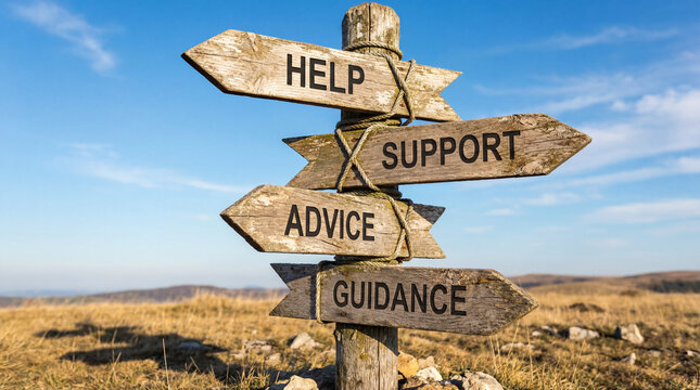 Weathered wooden signposts in an open landscape symbolizing direction, clarity and the search for guidance