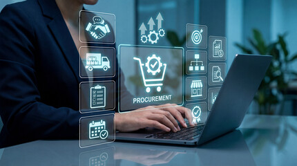 Digital procurement management with business professional using laptop and futuristic supply chain icons.