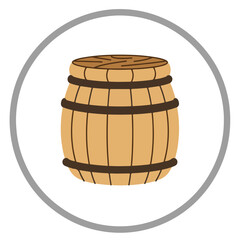 Simple cartoon drawing of a wooden barrel. Suitable for logos, packaging design, brewery or distillery websites, and rusticthemed illustrations.