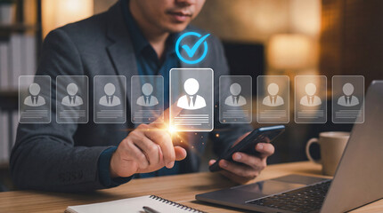 Digital recruitment and candidate selection with a professional choosing final profile on virtual interface.