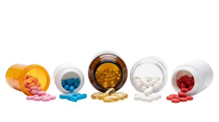 Assorted colorful pills spilling from medicine bottles on white or transparent background.