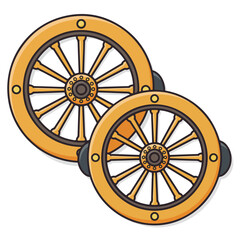 Two golden cartoon carriage wheels, perfect for vintage and whimsical designs, childrens books, fairy tales, and fantasy themes.
