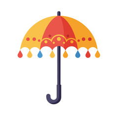 Ornate colorful umbrella with decorative tassels and polka dots suitable for fashion, summer, accessories, tropical, beach, festive themes.