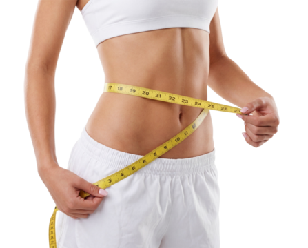 Fitness woman measuring her waist with tape measure on white or transparent background. - Powered by Adobe