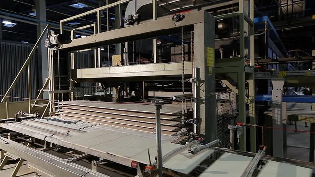 A production line or conveyor at a ceramic and porcelain tile factory. Ceramic Tile Making. Close-up of ceramic tiles being loaded into a Roller Kiln (tunnel furnace) for firing. Smart industry 