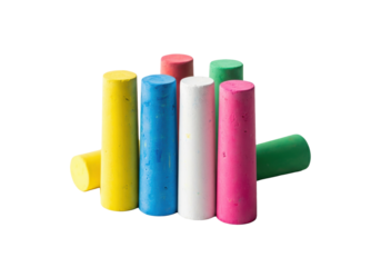 photorealistic macro still life of five unused, textured, colorful sidewalk chalk sticks fanned out on a transparent backdrop with soft shadows and copy space. concept of creative potential and