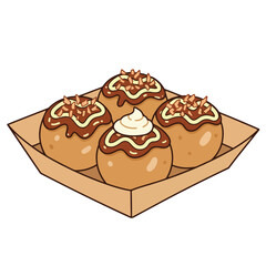 Four delicious takoyaki balls with toppings in a cardboard dish. Perfect for food blogs, menus, social media posts, and illustrating japanese cuisine.