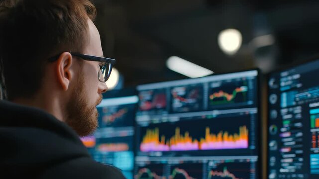 A professional investor observes dynamic stock market graphs and financial analytics on several screens. The scene captures the intensity of trading and data driven decision making
