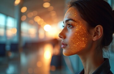 Woman has face scanned with light particles creating a holographic effect. This signifies digital identification process. Future tech is used for biometric verification.