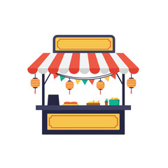Striped food stall with lanterns and flags suitable for food market, street fair, festival event promotion, vibrant atmosphere depiction.