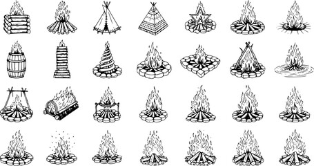 Hand Drawn Bonfire and Campfire Illustrations Set with Various Firewood Stacks, Black and White Sketch Icons Collection