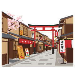 Japanese street scene with cherry blossoms, red torii gates, and lanterns. Ideal for travel guides, cultural websites, or spring promotions.