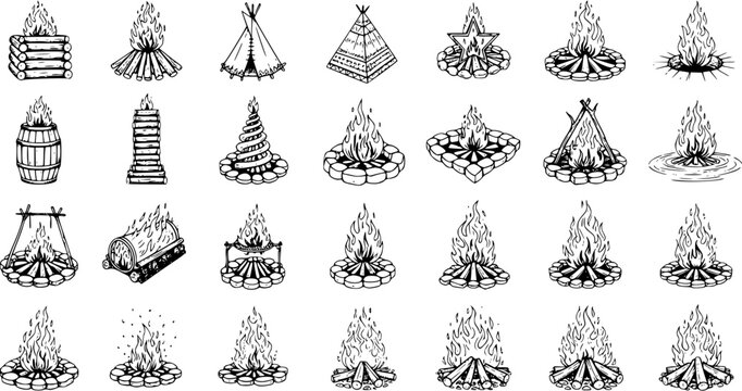 Hand Drawn Bonfire and Campfire Illustrations Set with Various Firewood Stacks, Black and White Sketch Icons Collection