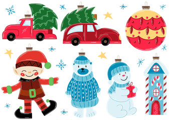 Christmas tree decorations, Christmas ornaments. Set of illustrations