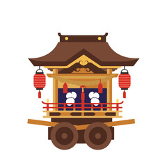 Traditional japanese portable shrine on wheels adorned with lanterns, perfect for cultural designs, japanese festivals, travel, and religious themes.