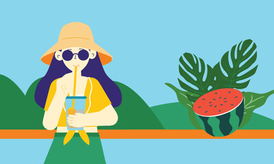 A girl drinking juice by the sea