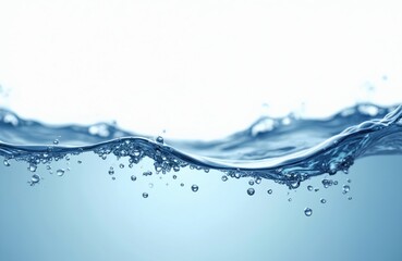 Abstract waves of blue water with small bubbles rise, fall in clean white background. Dynamic liquid surface shows light reflection, transparency. This view captures nature movement, fluid effects.