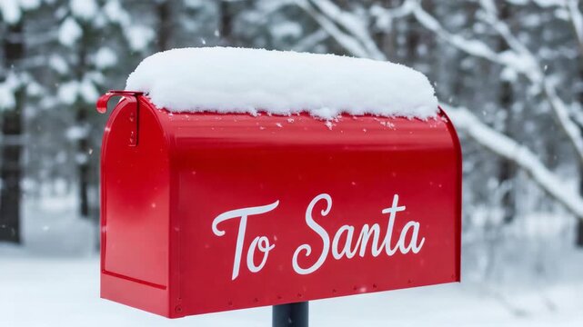 Red mailbox with text To Santa covered in fresh white snow, sending Christmas wish lists concept, winter holiday outdoor communication.