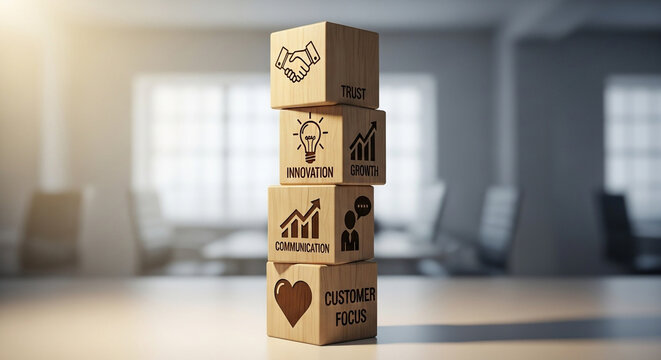 Business strategy blocks with trust, innovation, and customer focus