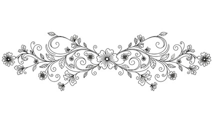 Elegant Black and White Floral Decorative Border with Swirls and Small Flowers Isolated on White Background