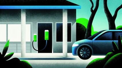 Electric Vehicle Charging Station Hub with Car in Front