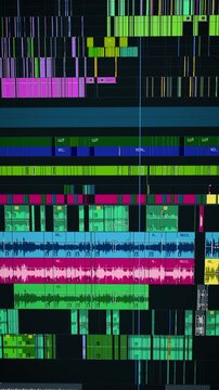 inematic multitrack video editing timeline screen with colorful audio waveforms and video layers in advanced editing software for digital filmmaking and multimedia production