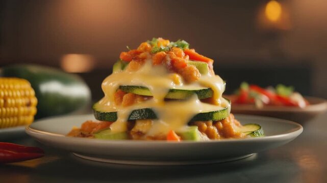 Delicious mexican calabacitas con queso with stacked zucchini and vegetable dish with melted cheese and fresh herbs
