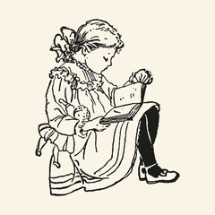 Girl Reading Book While Sitting Quietly Vintage Illustration