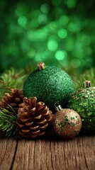 Festive Green and Gold Christmas Ornaments on Wooden Table