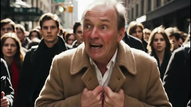 Elderly man shows strong signs of paranoia on a busy city sidewalk during daytime