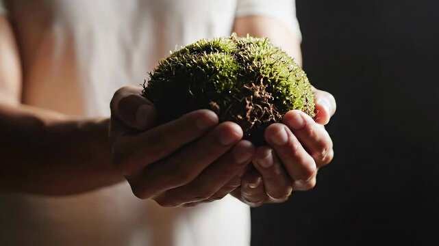 Close up of hands holding a green moss ball with care.