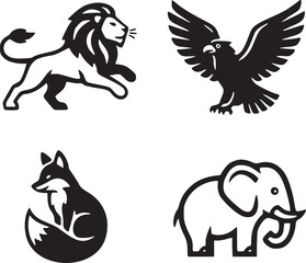 Obraz premium Animal Icon Vector Set: Lion, Eagle, Fox, and Elephant Silhouettes for Safari, Wildlife, Zoo, and Mascot Logo Designs and Environmental Graphics