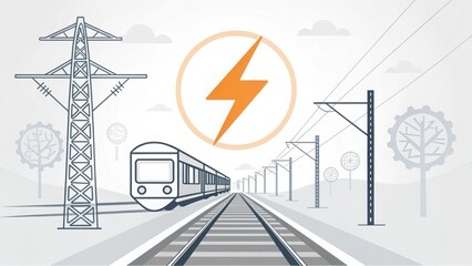 Electric Train on Railroad Tracks With Lightning Bolt Icon
