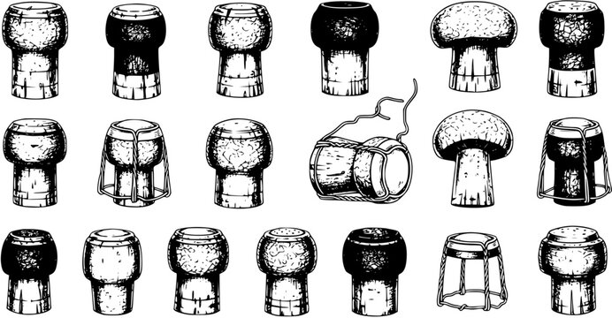 Hand-Drawn Champagne Corks  Muselets Collection: Detailed Sketch Art of Various Sparkling Wine Stoppers and Wire Cages in Black  White.