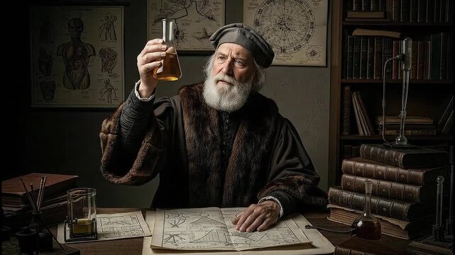 Physician examines fluid color and clarity in medieval setting with maps and books