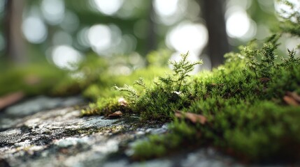 Tranquil moss garden closeup amidst a hazy forest backdrop beauty