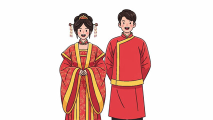 Traditional East Asian Couple in Festive Red Attire Illustration