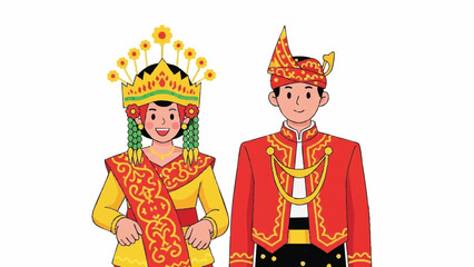 Smiling Couple in Traditional Southeast Asian Wedding Attire Illustration