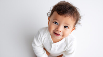 Naklejka premium Adorable baby boy looking up at the camera with a joyful, bright smile on a white background