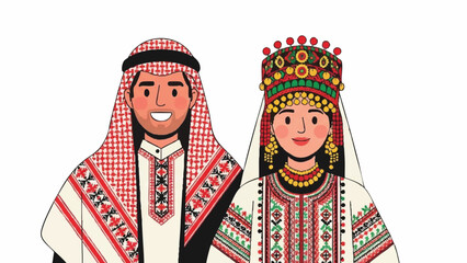 Traditional Middle Eastern Couple Portrait in Embroidered National Attire Illustration