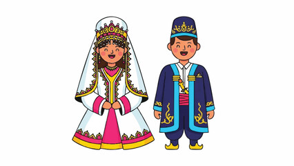 Happy Couple in Traditional Central Asian Wedding Attire Illustration