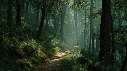 Obraz premium A sunlit, winding path meanders through a dense forest, dappled light filtering through the trees, creating a serene, natural scene