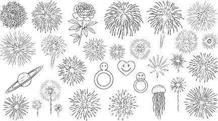 Black and White Line Art Fireworks, Celestial Objects, Flower, and Jellyfish Illustrations © victoria