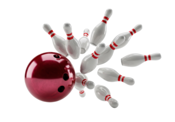 highly polished deep crimson bowling ball hitting white scattering pins mid-impact, captured with hyper-realistic high-speed studio lighting on a transparent background. concept of triumphant victory