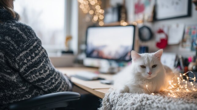 Cute white cat with reindeer antlers sleeping on freelancer's lap during cozy Christmas remote work session.