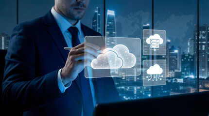 Businessman using stylus on tablet with holographic cloud computing icons against night city background.