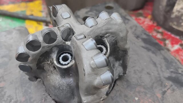 Polycrystalline Diamond Compact (PDC) drilling bit on the rig floor used for drill oil and gas well for petroleum exploration and production.
